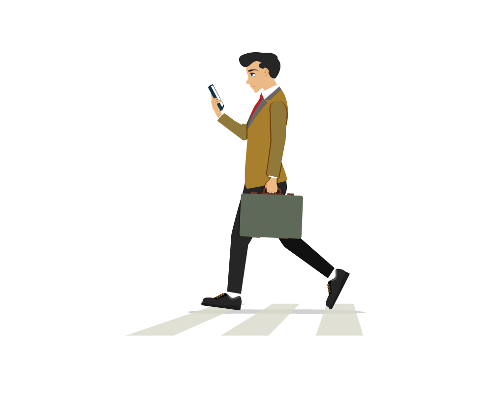 Businessman walking across crosswalk holding smartphone and briefcase