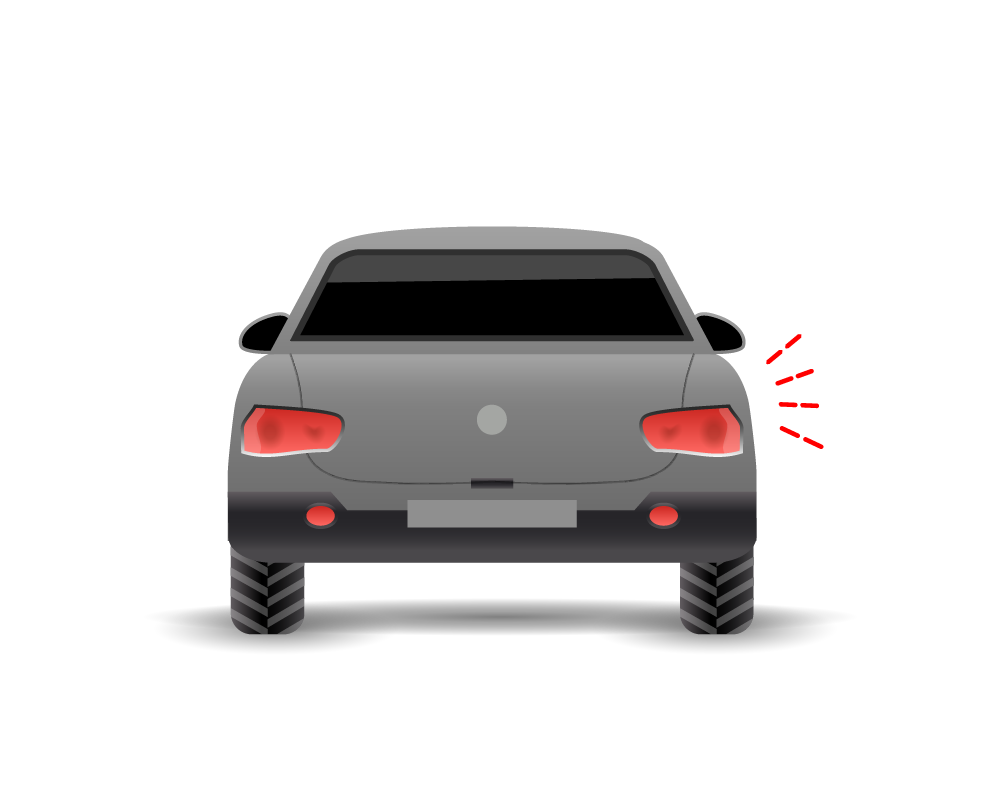 Gray car rear view with red taillights and red dashed sound alert lines.