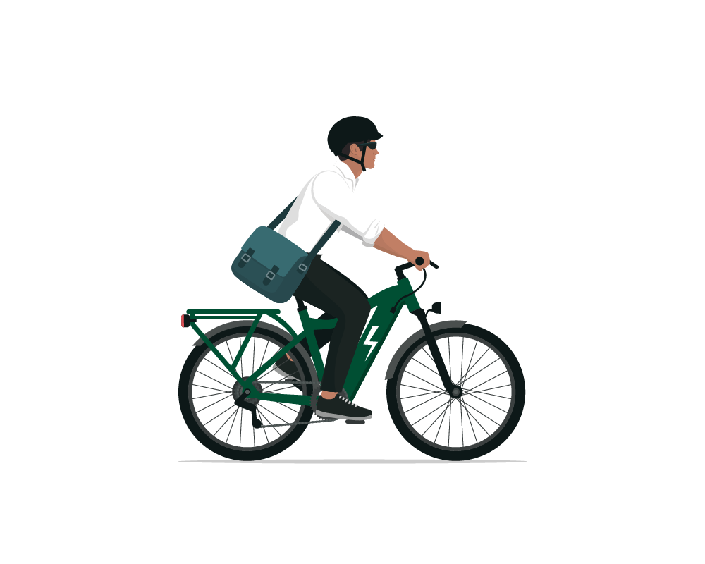 Man riding a green electric bicycle.