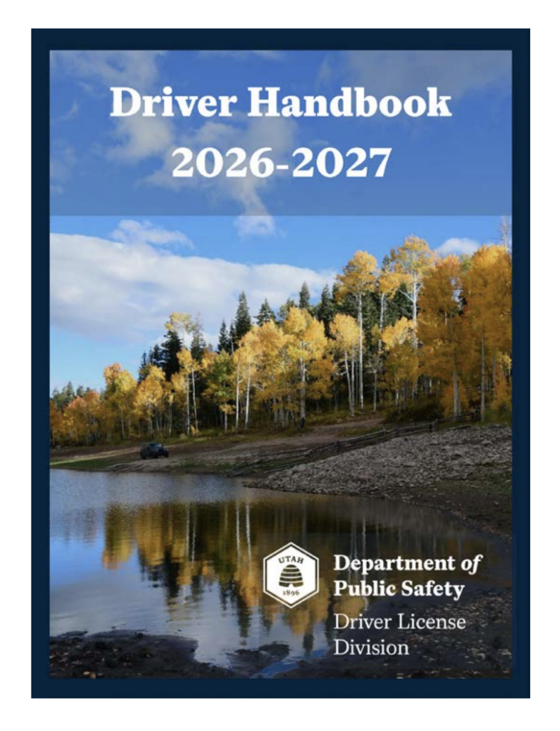 Utah Driver Handbook 2026-2027 cover with trees, water, and DPS seal.
